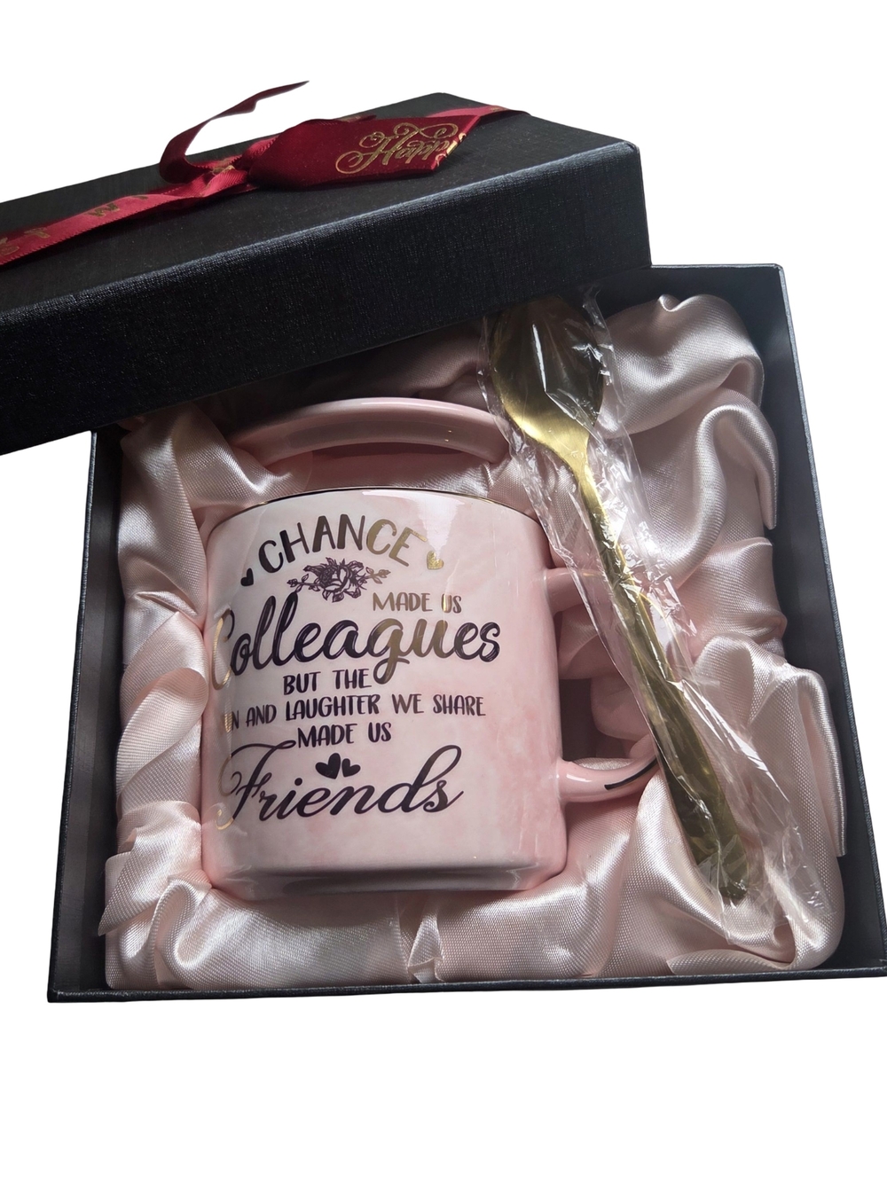 Pink Ceramic 'Colleagues to Friends' Gift Mug Set with Gold Spoon